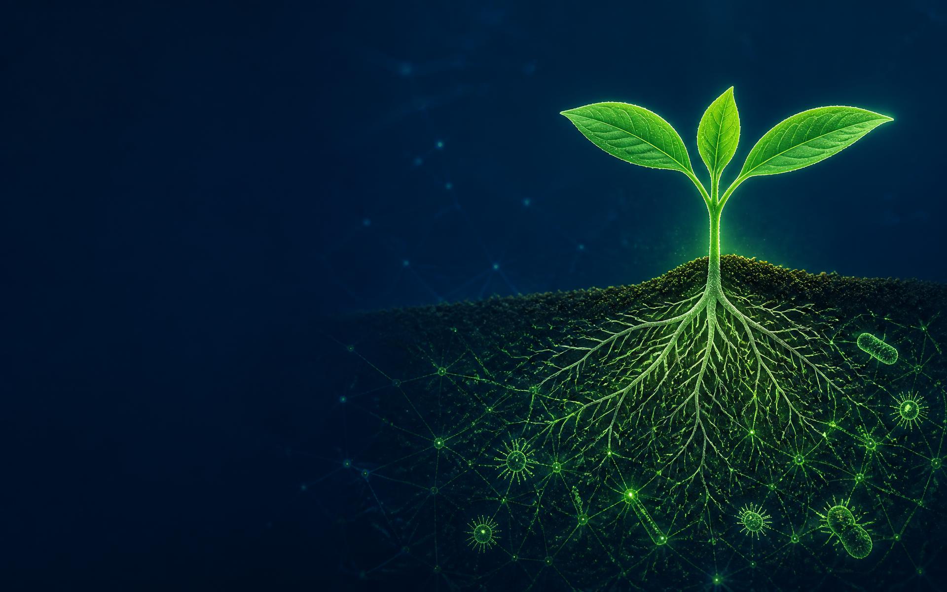 Young plant with a glowing root system connected to a soil microbiome network